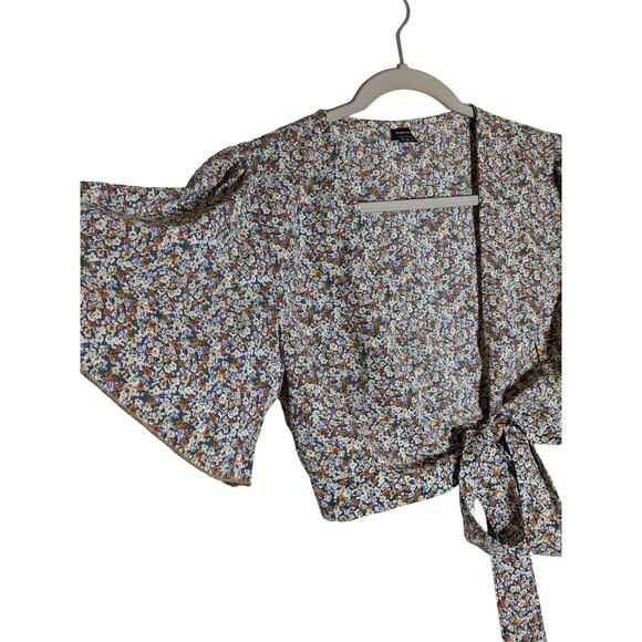 Shein Crop Top Medium Blue Orange Floral Tie Front Deep V Neck Flutter Sleeves - Picture 2 of 9